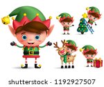 Boy christmas elf vector character set. Little kid elves with green costume holding christmas gifts and elements isolated in white background. Vector illustration.
