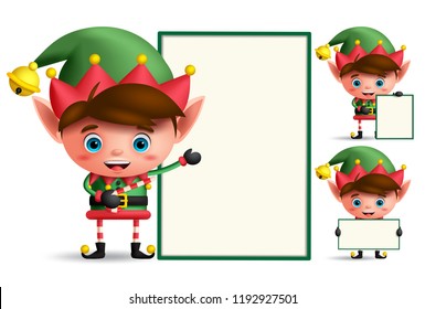 Boy christmas elf vector character set holding empty white board with space for text isolated in white background. Vector illustration.
