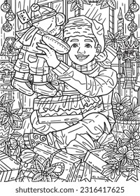 Boy with Christmas Gift Adults Coloring Pages 