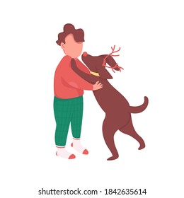 Boy with Christmas gift flat color vector faceless character. Child with puppy. Kid with dog. Festive holiday present isolated cartoon illustration for web graphic design and animation