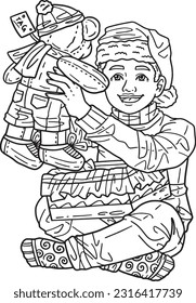 Boy with Christmas Gift Isolated Adults Coloring 