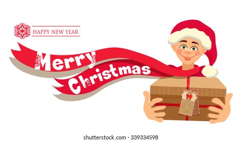 Boy in a Christmas hat holding a box with a gift in their hands