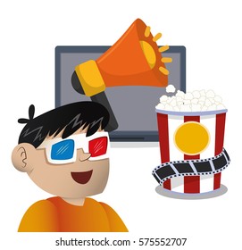 boy cinema 3d glasses megaphone speaker with pop corn vector illustration eps 10