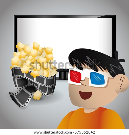 boy cinema 3d glasses tv and pop corn vector illustration eps 10