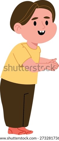 Boy clapping with a smile, side view, rounded shapes and clean lines. Celebration, praise, applause, reward, and encouragement concept. Cartoon vector illustration.