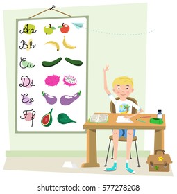 Boy in class raising his hand, school equipment and stationery on desk, board with fruit and vegetable alphabeth in background (Fifties style cartoon)