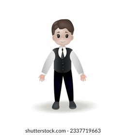 Niño con traje clásico. Ilustración del vector 3d.  Niño europeo con pelo castaño y ojos marrones. 