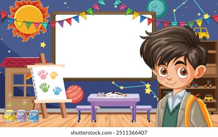 Menino na sala de aula com decorações coloridas