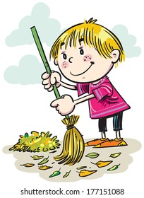 Boy clean with broom