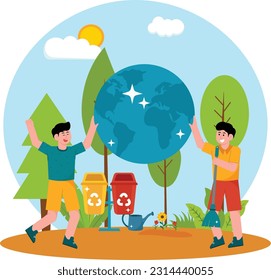 Boy Cleaning Earth Environment Illustration