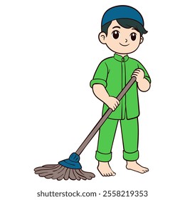 Boy Cleaning Floor with Mop