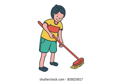 Boy cleaning the floor with mop