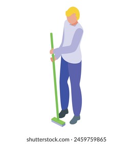 Boy cleaning floor with mop icon isometric vector. Child cleaner. Person mopping