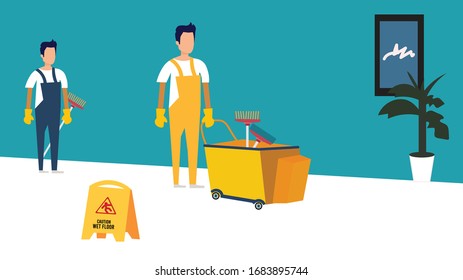 Boy cleaning the hall with mop. Can be used for cleaning company or cleaning services.