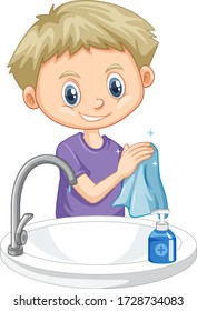Boy cleaning hands on white background illustration