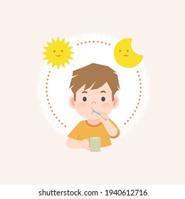 a boy cleaning his teeth with toothbrush by brushing teeth with circle and sun and moon, meaning is daily routine daytime and nighttime brushing teeth. illustration vector on white background.