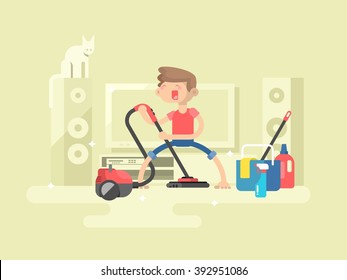 Boy cleaning house