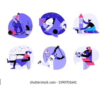 A boy cleaning a house, a person sleeping, a girl playing with toys, a woman resting, a man doing renovation, a girl packing things in boxes. People and Activities.  Vector illustration