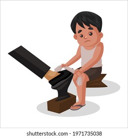 Boy is cleaning man's shoe. Vector graphic illustration. Individually on a white background.