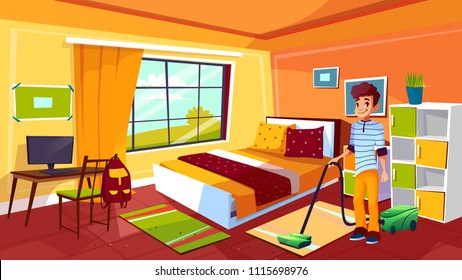 Boy Cleaning Room Vector Illustration Of College Or School Teen With Vacuum Cleaner On Carpet, Student Bedroom Of Modern Or Retro Apartments Interior With Furniture