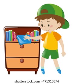 Boy cleaning shelf full of books illustration