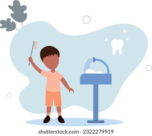 boy cleaning teeth for health. Toothbrush, basin, water flat vector illustration. Stomatology and hygiene concept