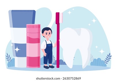 Boy cleaning teeth. Kid with toothbrush near toothpaste and tooth. Healthy lifestyle. Oral hygiene and mouth washing. Dentistry and stomatology. Flat vector illustration