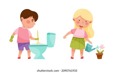 Boy cleaning toilet bowl with brush, girl watering houseplants. Kids helping parents with housework, household chores cartoon vector illustration