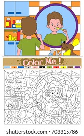 Boy cleans his teeth with tooth-brush in the bathroom looking in the mirror. Color by number, game for children with color example. Vector image.