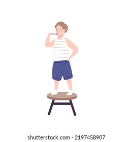 Boy cleansing and brushing their teeth. Everyday personal care, morning routine, skincare daily routine. Flat cartoon vector illustration