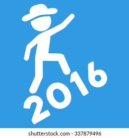 Boy Climbing 2016 vector icon. Style is flat symbol, white color, rounded angles, blue background.