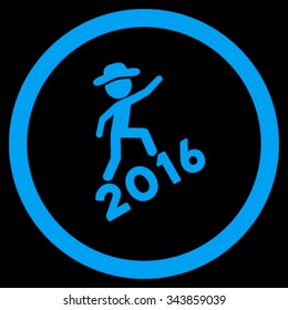 Boy Climbing 2016 vector icon. Style is flat circled symbol, blue color, rounded angles, black background.