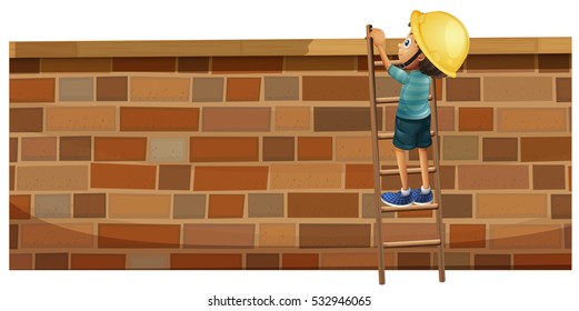 Boy climbing up the brick wall illustration