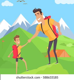 Boy climbing with his father in mountains. Teenager with bag holds his daddy hand. Fatherhood concept. Tent on the lawn snowy hills on background. Summer activities vector illustration in flat