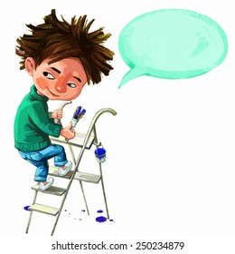Boy climbing ladder to paint the wall. Speech babble. White background. VECTOR.