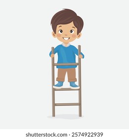 Boy Climbing a Ladder Vector Illustration. A joyful boy is climbing a wooden ladder, smiling brightly as he reaches the top