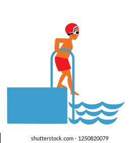 Un niño subiendo las escaleras hasta la piscina. ilustración vectorial