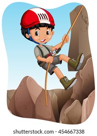 Boy climbing up the mountain illustration