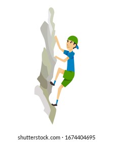 Boy climbing on a rock mountain without equipment