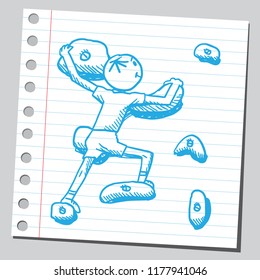 Boy climbing on a wall. Drawing on a note paper background
