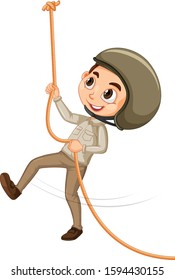 Boy climbing rope on isolated background illustration