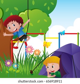 Boy climbing rope and boy in the tent illustration