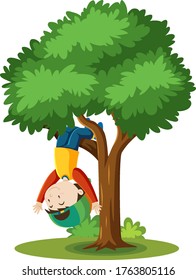Boy climbing the tree cartoon style isolated on white background illustration