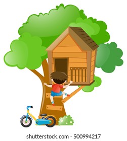 Boy climbing up the treehouse illustration