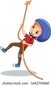 Boy climging rope on white background illustration