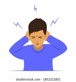 The boy with closed eyes covers his ears with his hands, dissatisfied and angry .