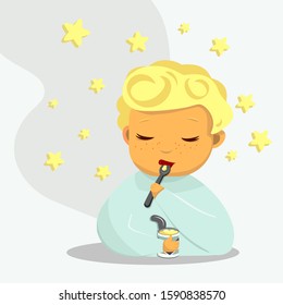 
boy with closed eyes eats sweet condensed milk