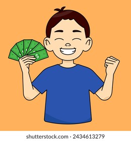 Boy with closed eyes joyfully clenches his fist in the air and holds cash, celebrating success