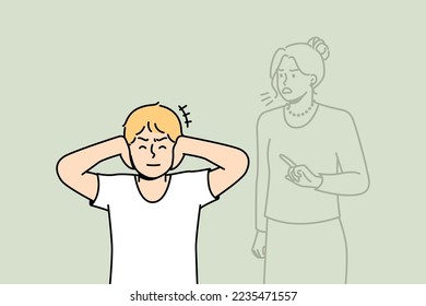 Boy closes ears not to hear voice of his mother or teacher scolding him. Schoolboy feels like he is constantly being criticized. Psychological pressure in family. Vector outline colorful illustration.