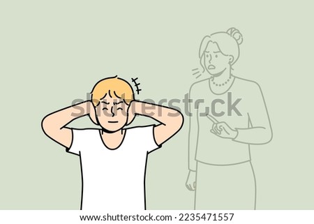 Boy closes ears not to hear voice of his mother or teacher scolding him. Schoolboy feels like he is constantly being criticized. Psychological pressure in family. Vector outline colorful illustration.
